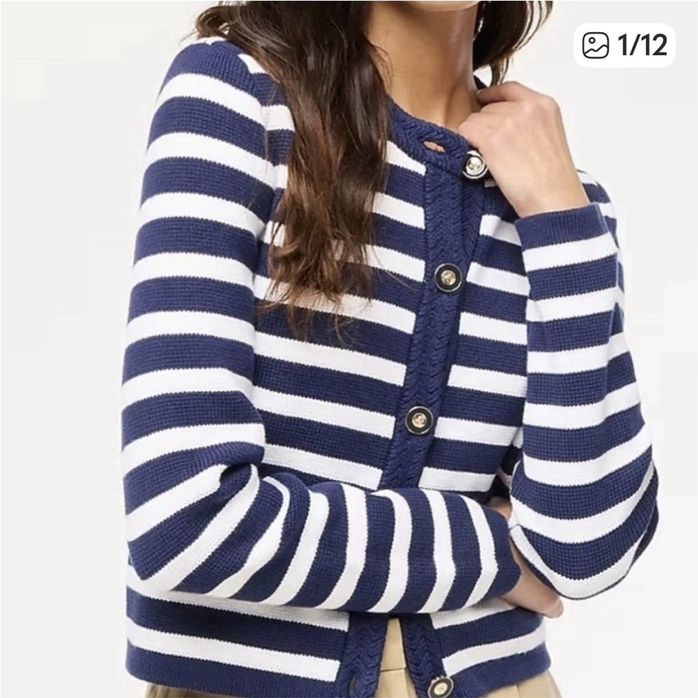 J. Crew Navy and White Striped Nautical Cropped Lady Jacket Sweater/L
